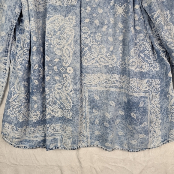 Vintage America Chambray Denim Peasant Blouse Top XXL Blue Handkerchief Print - Picture 9 of 15